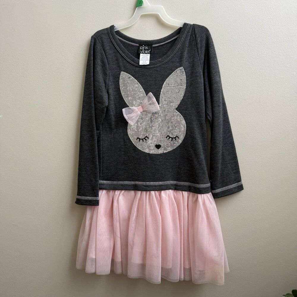 Pink & Violet Bunny Dress Girls Size 6 Gray & Pink Frilly Sequin rabbit